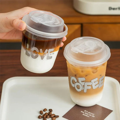 20pcs Disposable Plastic Coffee Cups with Lids, Warm Sticker Design for Coffee/Milk Tea, 12cm/4.72in