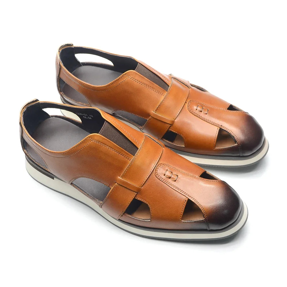 Classic Arabic Style Mens Sandals Genuine Cow Leather Slip-On Hollow Out Casual Business Party Dress Shoes for Men Flat Footwear