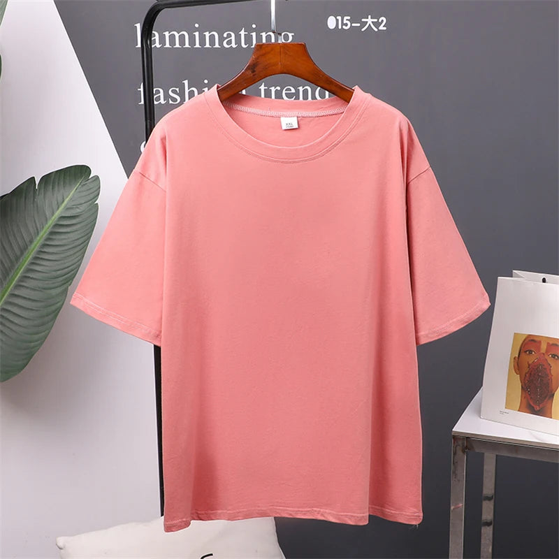 Women Cotton T-Shirt Summer Oversized Solid Tees Candy Color Loose Tops