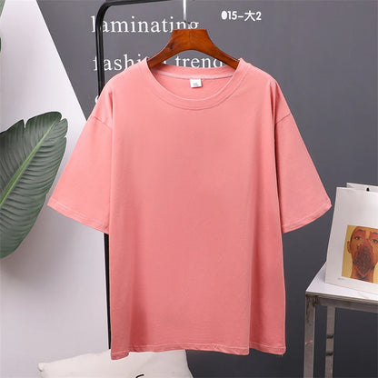 Women Cotton T-Shirt Summer Oversized Solid Tees Candy Color Loose Tops