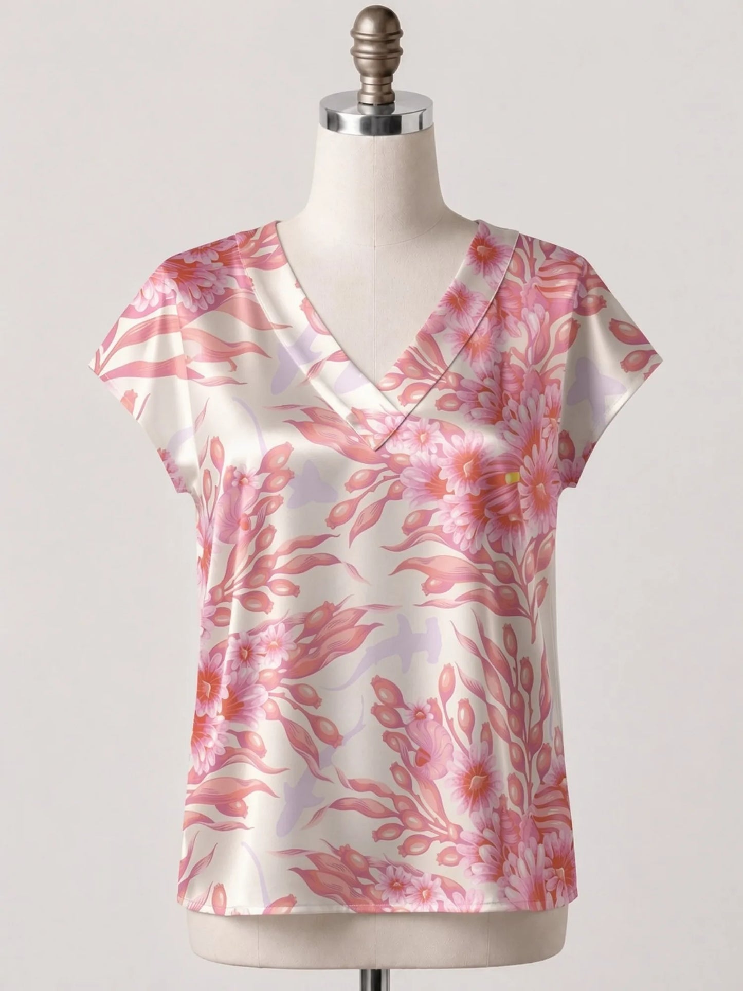 Women's Satin V-neck Tropical Floral Print Short-Sleeve Summer Shirt Casual Street Fashion T-Shirt New Beachwear
