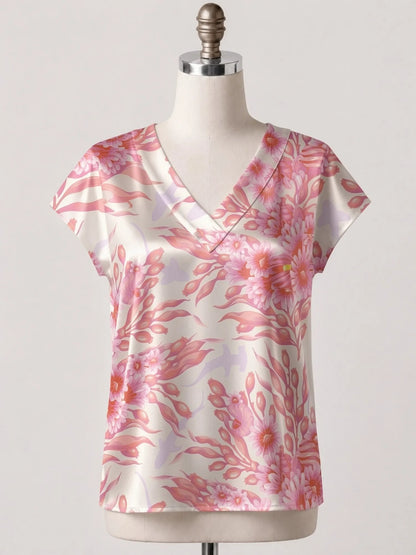 Women's Satin V-neck Tropical Floral Print Short-Sleeve Summer Shirt Casual Street Fashion T-Shirt New Beachwear