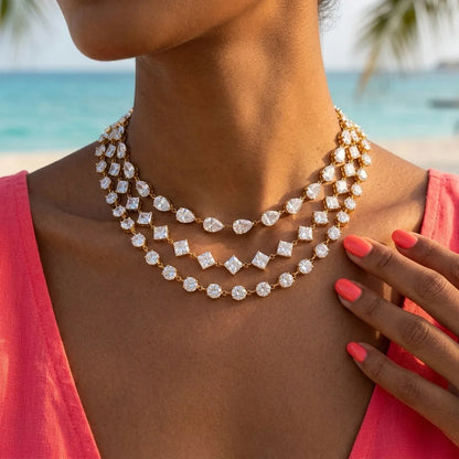 Elegant Classic Shiny Full Cubic Zirconia Chain Necklace For Women Waterproof Stainless Steel Necklaces Accessories