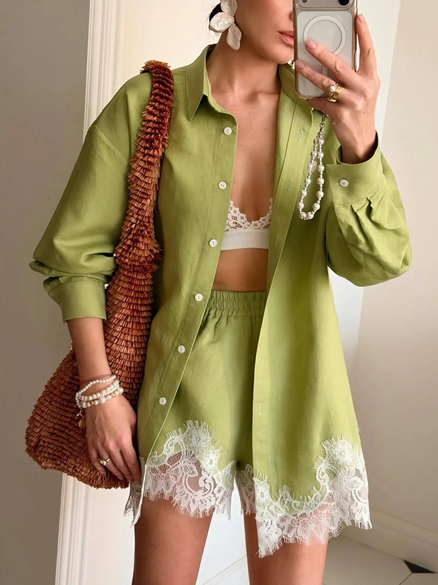 Women's Casual Long Sleeve Single Breasted Shirts 2026 Spring Lace Floral Hem Blouse Elegant Classical Stylish Shorts Outfits