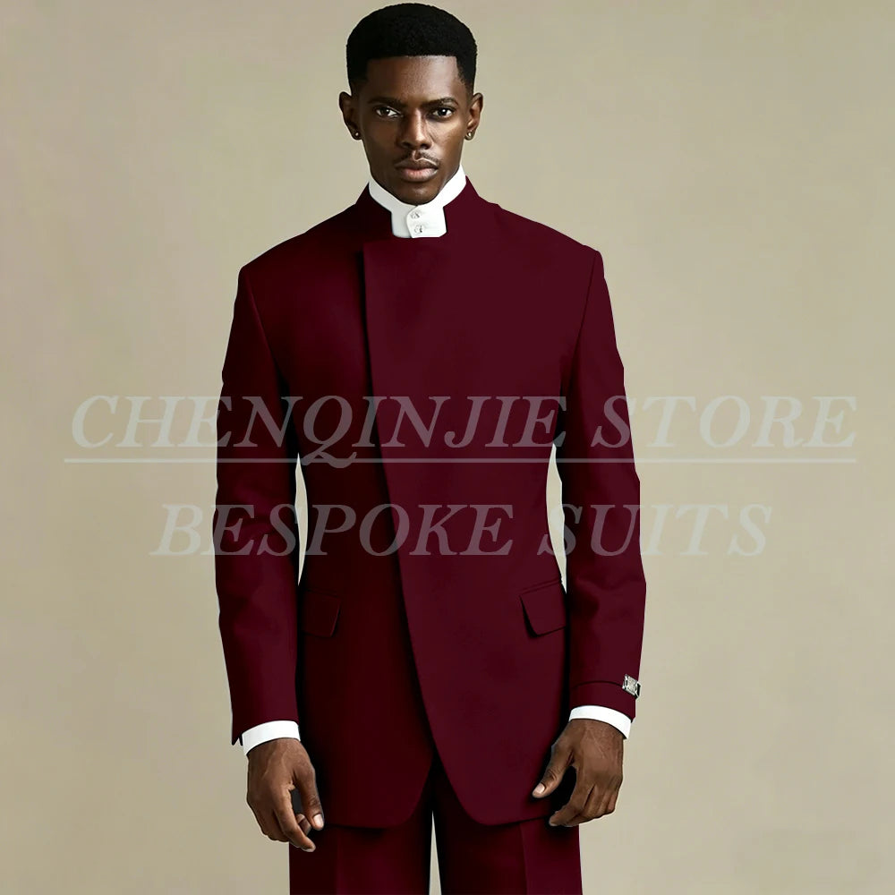Elegant Black Men's Suits 2 Piece Jacket Pants Outfits Formal Single Breasted Stand Lapel Skinny Clothing Costume Homme