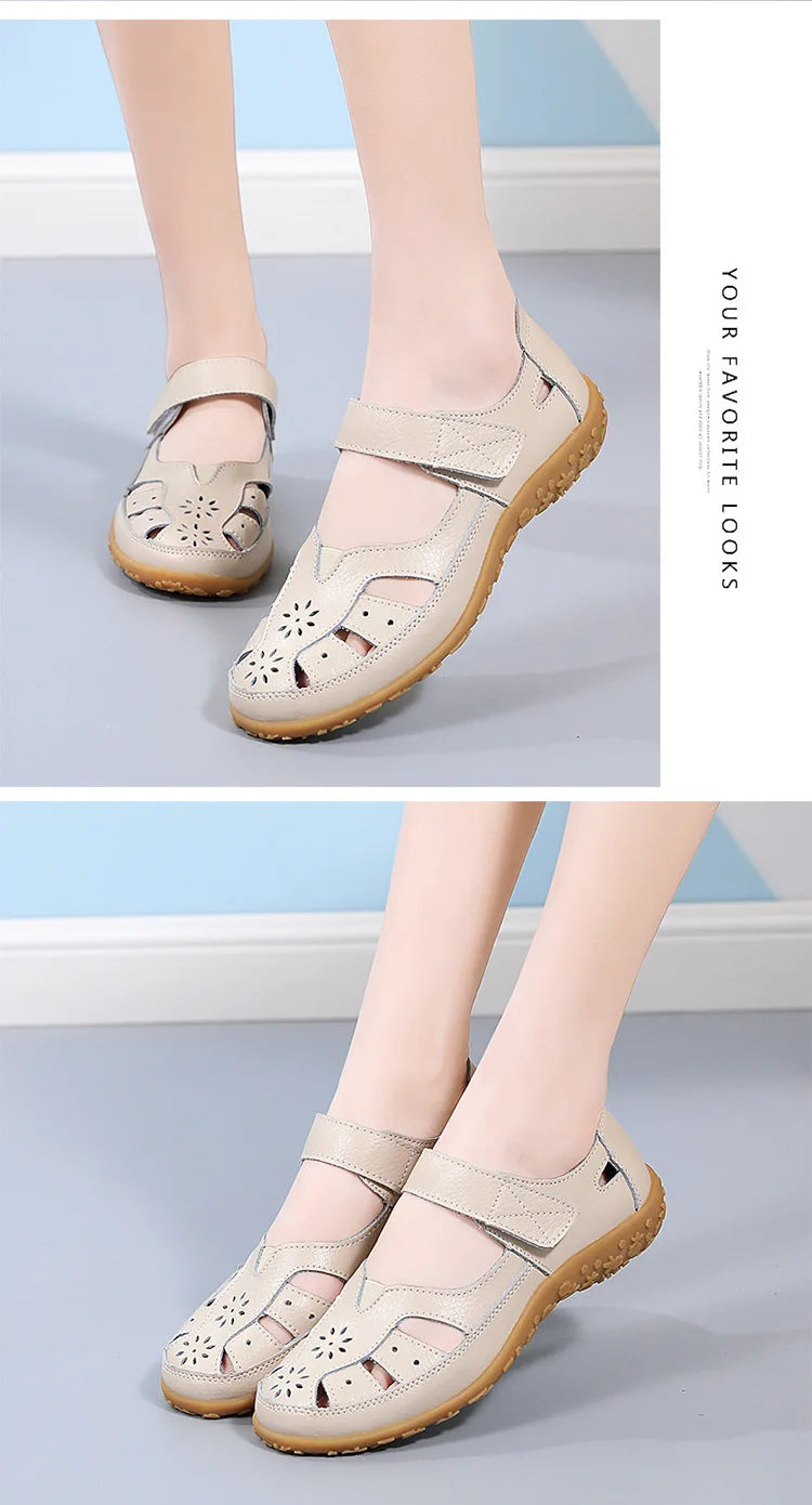 WOIZGIC Female Ladeis Mother Women's Genuine Leather Loater Flats Sandals Shoes Summer Cool Soft Outside Beach