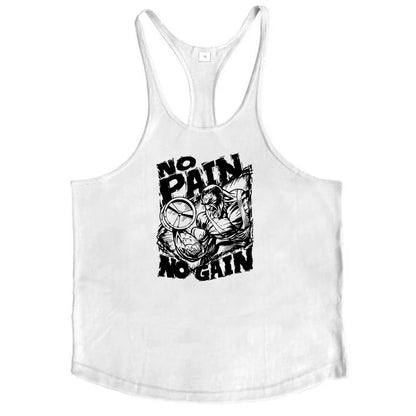 NO PAIN NO GAIN Print Gym Fitness T-Shirt Mens Bodybuilding Sport Sleeveless Vests Cotton Breathable Y-back Suspenders Tank Tops