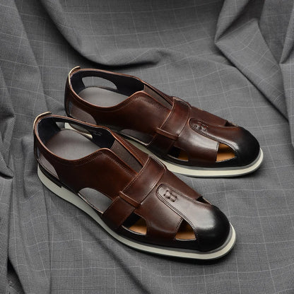Classic Arabic Style Mens Sandals Genuine Cow Leather Slip-On Hollow Out Casual Business Party Dress Shoes for Men Flat Footwear