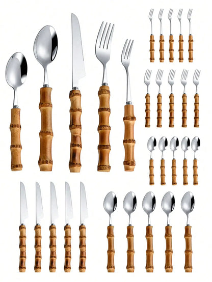 30pcs/Set Stainless Steel Cutlery Set With Natural Bamboo Handles School Supplies,Christmas Gift