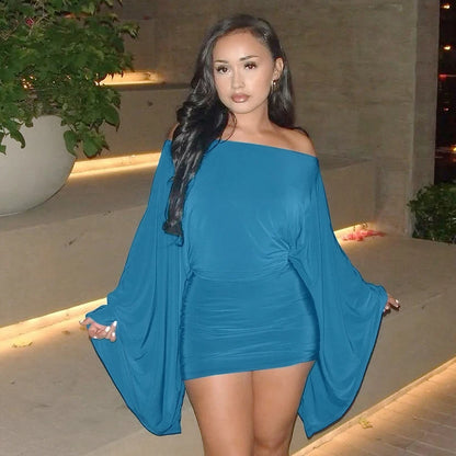 Hugcitar Solid Long Cloak Sleeve Sexy Loose Sexy Ruched Sexy Bodycon Mini Dress Fall Winter Women Fashion Outfit Party Festival