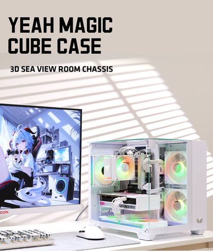 Yeah Magic CUBE MATX PC Case 270° Panoramic View Ultra-Clear Triple-Glass Showcase Design Supports up to 5 Fans オフィス＆ゲーミング PCケース