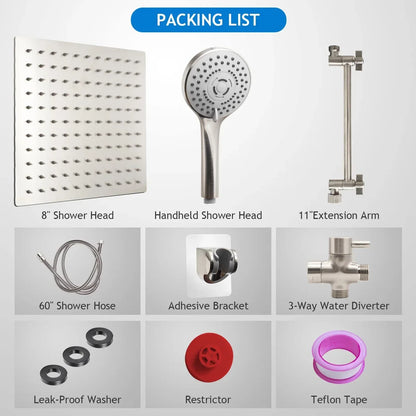 Stainless Steel 8/10 Inch Overhead Showerhead 5 Modes With Extension Arm Multi-function Hand Shower Wall Mounted Showerhead Set