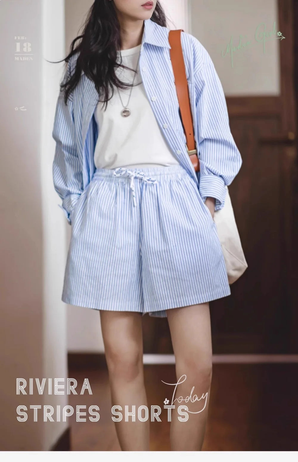 Maden Women's Blue White Striped Shirt and Shorts Sets Loose Casual French Classic Summer Suit Elegant Matching Two Piece Set