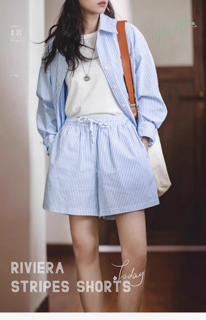 Maden Women's Blue White Striped Shirt and Shorts Sets Loose Casual French Classic Summer Suit Elegant Matching Two Piece Set