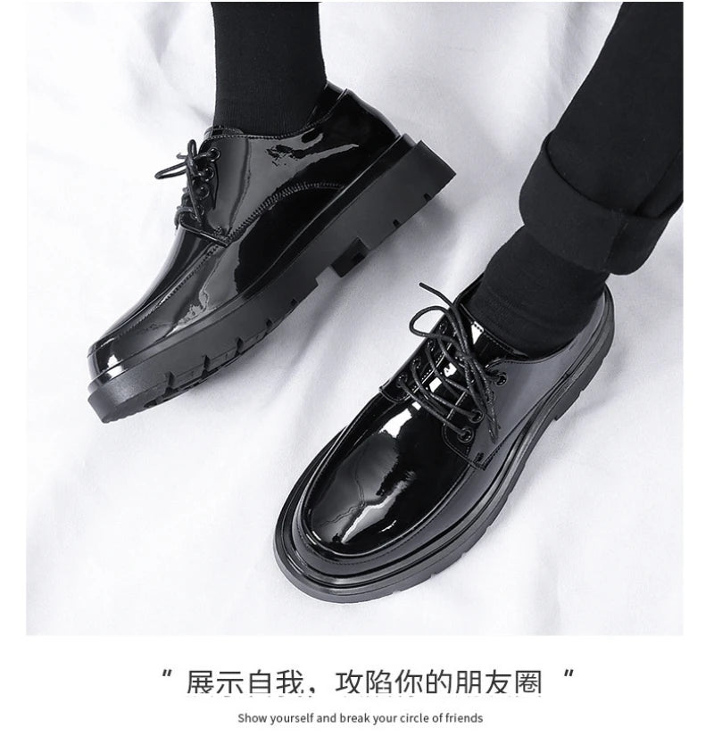 Mens Black Patent Leather Perforated Lace Up Chunky Platform Oxford Shoes Breathable Casual Business Formal Summer Dress Shoes