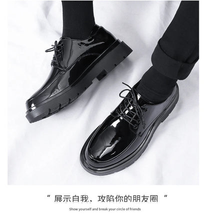 Mens Black Patent Leather Perforated Lace Up Chunky Platform Oxford Shoes Breathable Casual Business Formal Summer Dress Shoes