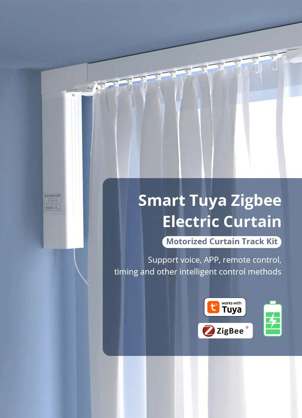 Zemismart Zigbee Rechargeable Electric Curtain Motor with Customized Slide Curtain Track Works with Tuya Alexa Google Home
