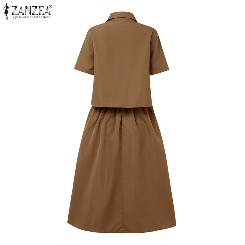 ZANZEA Womens Casual 2 Piece Sets Lace Trim Short Sleeve Crop Tops A-line Midi Skirts 2PCS Outfits Elegant Commute Skirt Sets