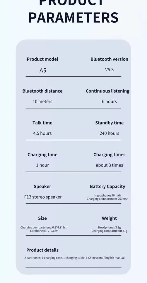 UEESFIT A5 Wireless Bluetooth Earphone TWS Music Headphones Sports Gaming Headset HD Mic With Touch Control Earbuds For Phone