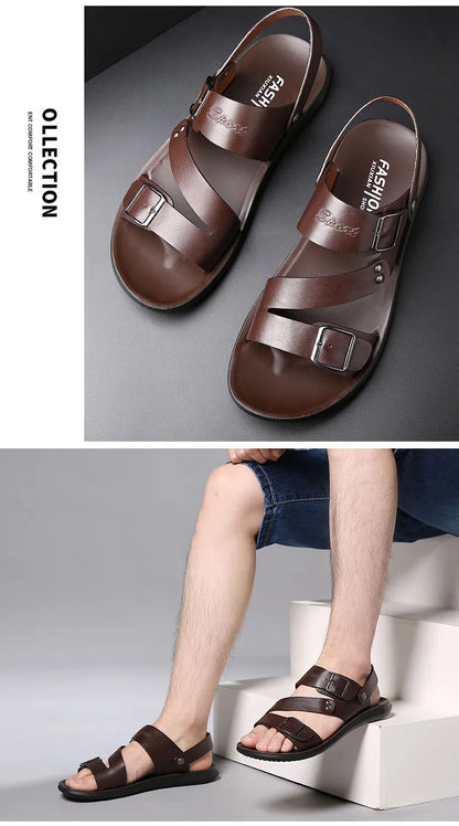 Fashion Sandals Male Solid Color PU Leather Men Shoes Summer Comfortable Open Toe Leather Mens Sandals Beach Leather Footwear
