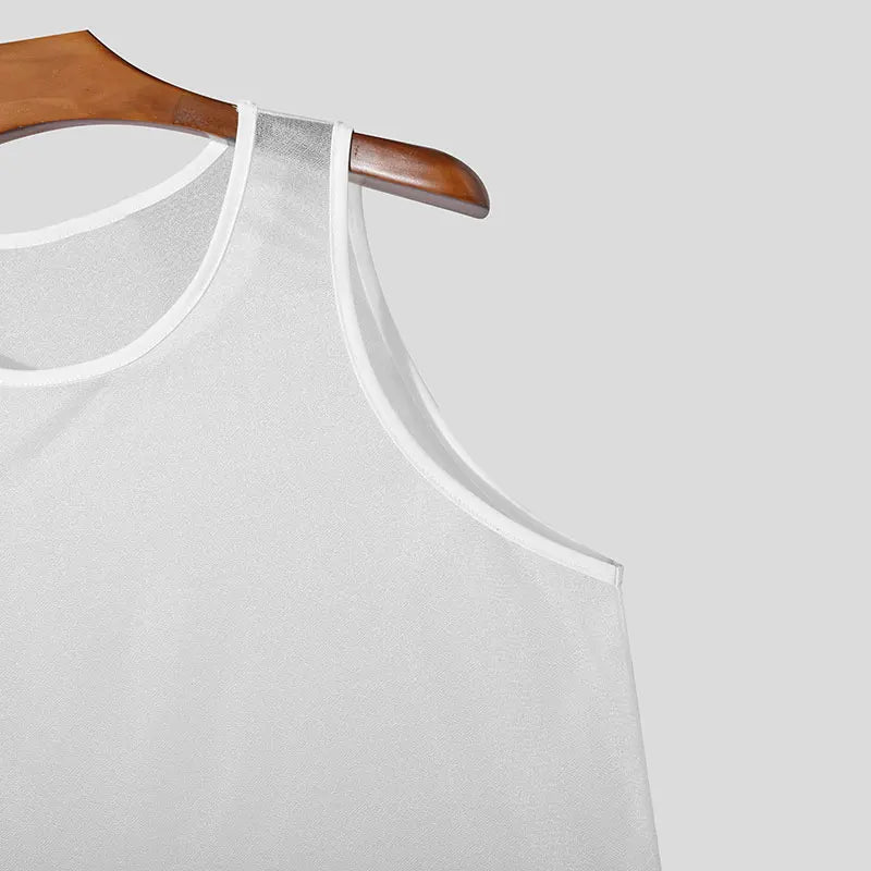 Summer Men's Luxury Knit Fashion Transparet Tank Tops O Neck Sleeveless Mesh Sexy Solid Color Vest Breathable Party Men Clothing