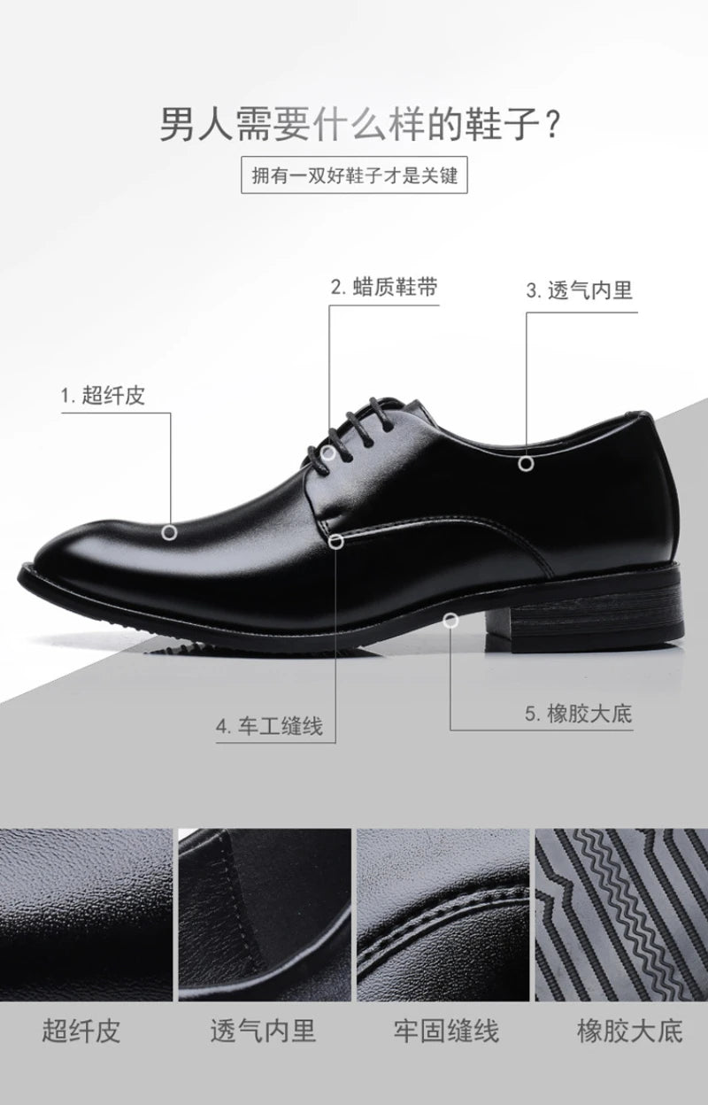 Mens Breathable Leather Dress Shoes Formal Business Footwear Pointed Toe Lace Up Flat Sole Groom Wedding Shoes Simple Leisure
