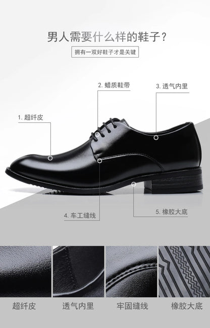 Mens Breathable Leather Dress Shoes Formal Business Footwear Pointed Toe Lace Up Flat Sole Groom Wedding Shoes Simple Leisure