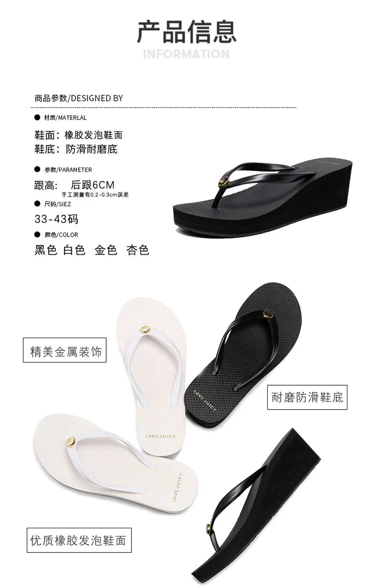 33-43 Summer New 2025 Women Slope Heel Flip Flops For women Tall 6cm Anti Slip Thick Bottom Height Increasing Beach Sandals Sxey
