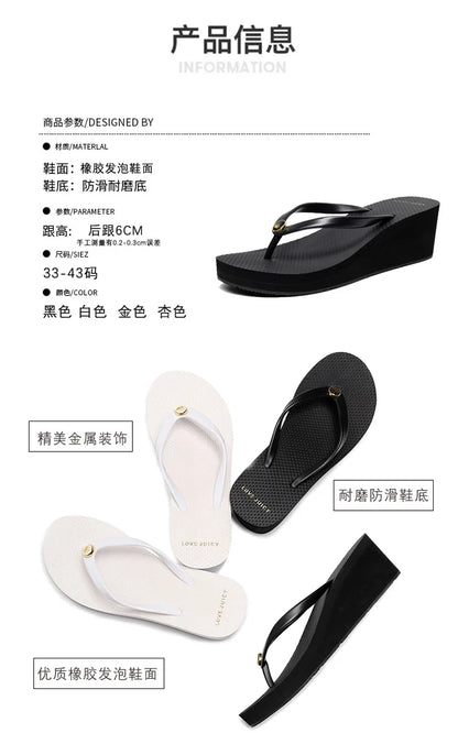 33-43 Summer New 2025 Women Slope Heel Flip Flops For women Tall 6cm Anti Slip Thick Bottom Height Increasing Beach Sandals Sxey