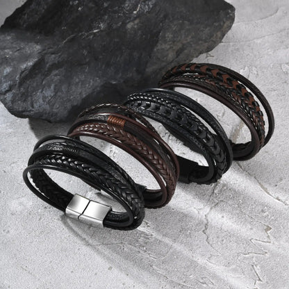 Multi Layer Braided Rope Bracelets for Men,Classic Handmade PU Leather Wristband with Magnetic Buckle,Trendy Punk Jewelry Gift