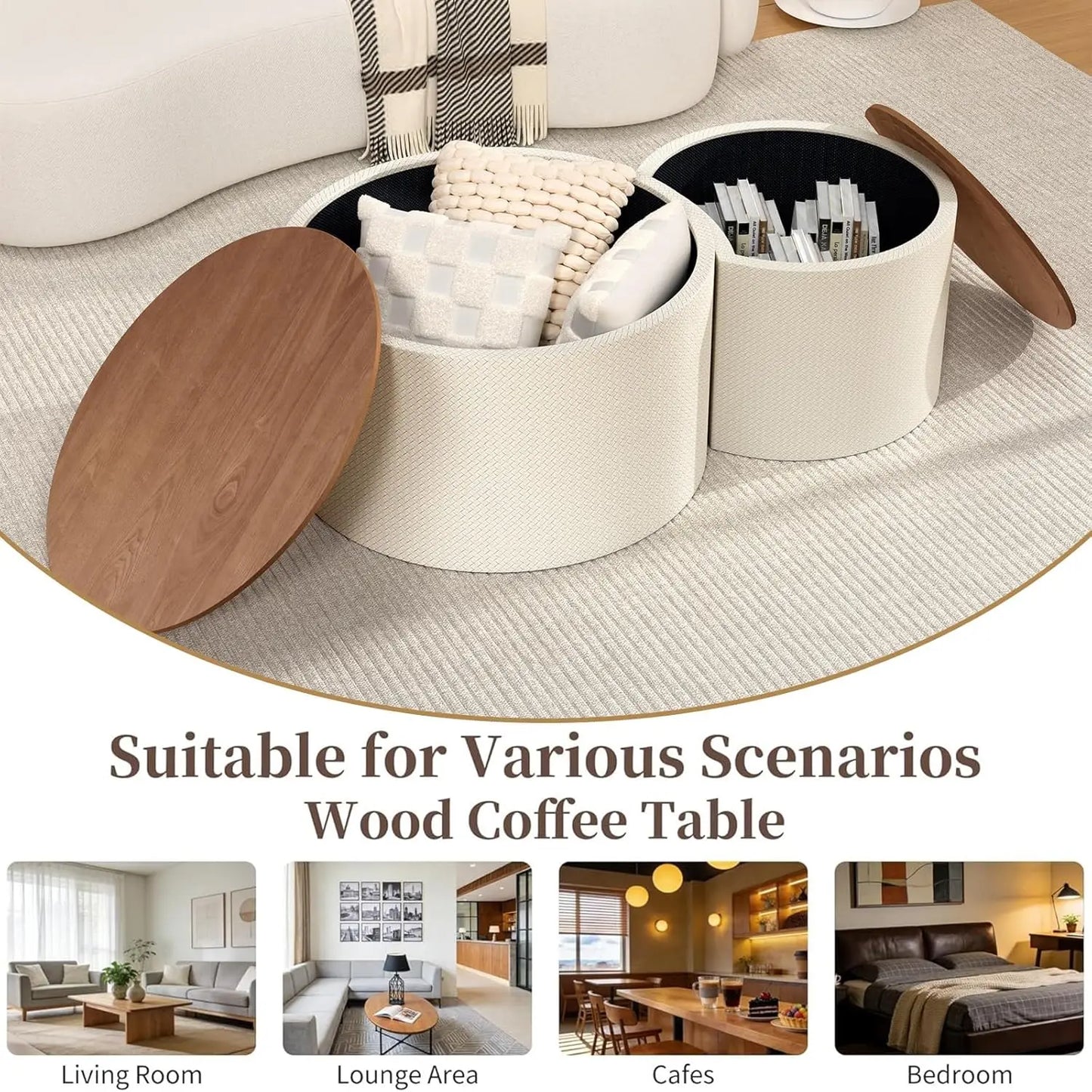 Round Nesting Coffee Table Set of 2 with Storage, 26.8" Farmhouse Handwoven PU Coffee Table, for Living Room, Customized