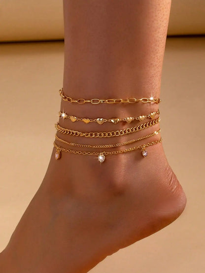 Set of Five Bohemian Beach Vacation Sexy Love-Themed Women's Anklet Jewelry