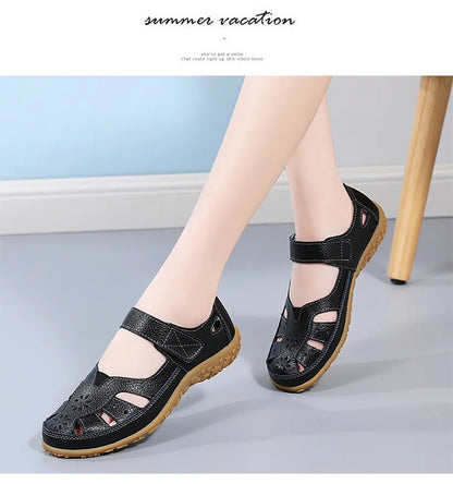 WOIZGIC Female Ladeis Mother Women's Genuine Leather Loater Flats Sandals Shoes Summer Cool Soft Outside Beach
