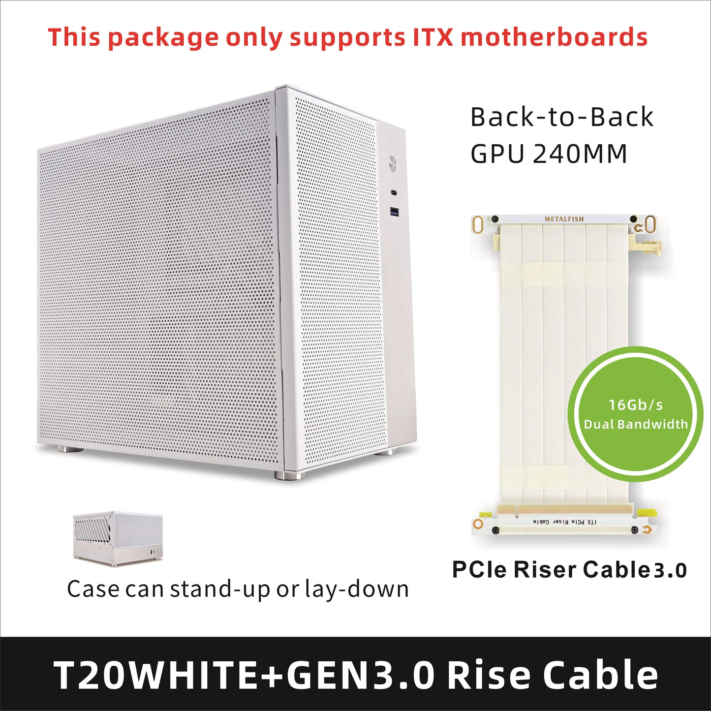 METALFISH T20 Mini ITX White Case 9L Compact PC Chassis Support Flex PSU/240mm GPU/100mm Cooler/180 Liquid Cooler