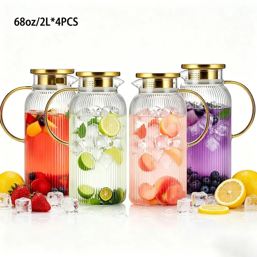 8PCS Glass Pitcher With Lid 4 Pitchers 4 Lids, 68oz 2L Classic Vertical Stripe Pitcher, Large Golug, Suitable For Cold Brew, Co