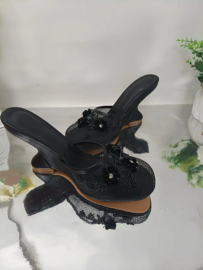 European and American Fashion Hollow Flower Baotou Banquet Half Slippers for Women's Outdoor Versatile Slope Heel Fashion Shoes