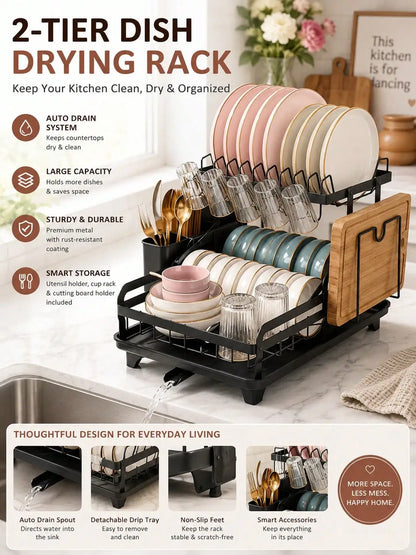 2 Tier Multifunctional Dish Drying Rack,Escurridor De Platos Para Fregadero,Stainless Steel Kitchen Dish Drainer With Drainboard