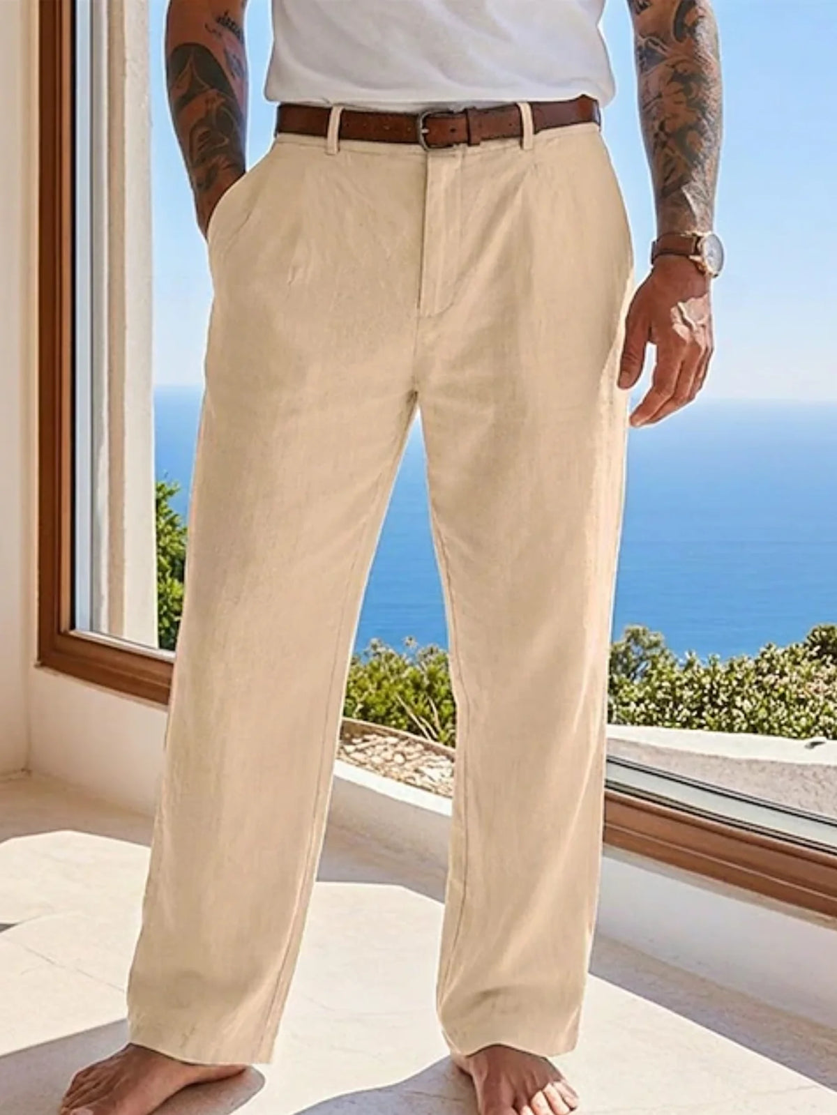 Men's Linen-Blend Straight-Leg Trousers — view 6