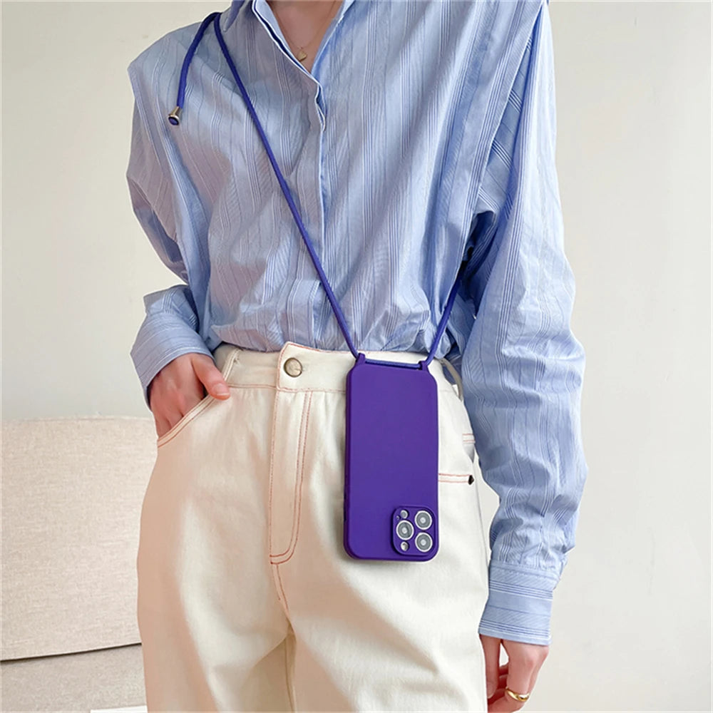 Crossbody Necklace Lanyard Cord Strap Liquid Silicone Case For iPhone 17 16 15 13 11 12 14 Pro Max XS XR X Plus Soft Candy Cover