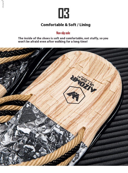 Japanese wood grain flip flops for men in summer wear anti-slip trend printed soft bottom clip foot stroke beach sand sand