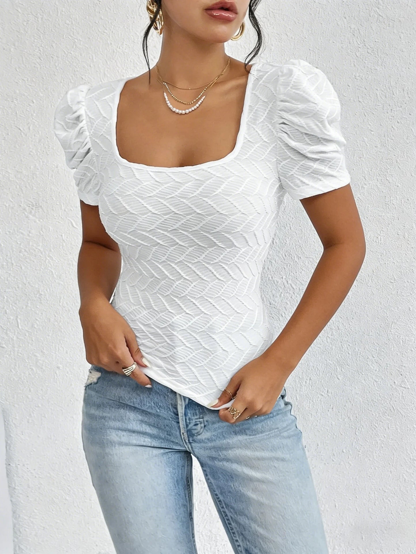 Ladies White Romantic Vintage Style Bubble Sleeve T Shirt Diamond Texture Fabric Square Collar Summer Casual Shirt