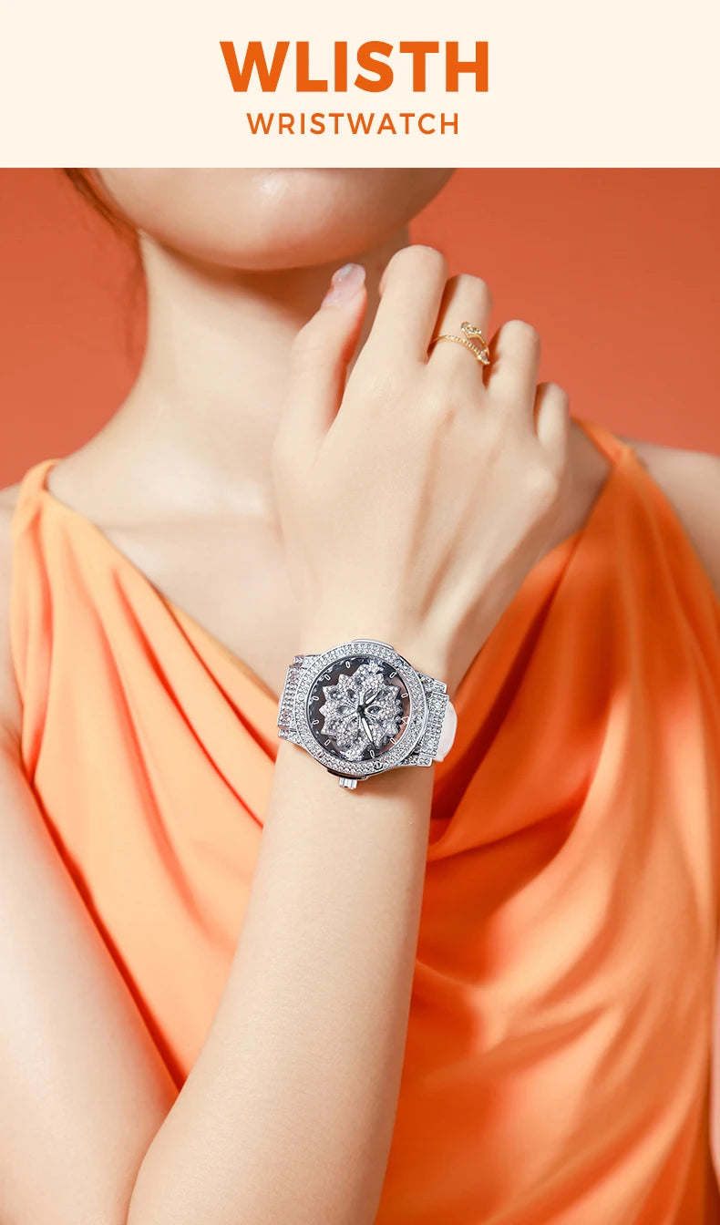 Popular women's watch with fashionable large dial, pentagram waterproof watch for girls, snowflake rotating hollow women's watch
