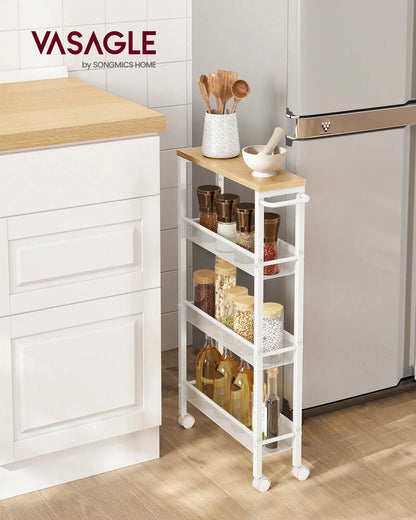 VASAGLE Slim Rolling Cart, 4-Tier Narrow Storage Cart With Handle, 5.1 Inches Deep, Metal Frame, For Kitchen, Dining Room, Livin