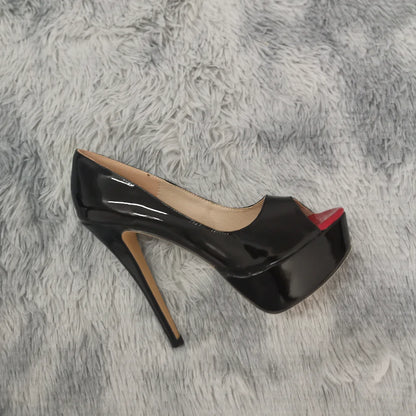 Women Pumps Sexy Platform Peep Toe 14cm Extremely Thin High Heels Stiletto Patent Leather Fashion Party Nighclub Wedding Shoes
