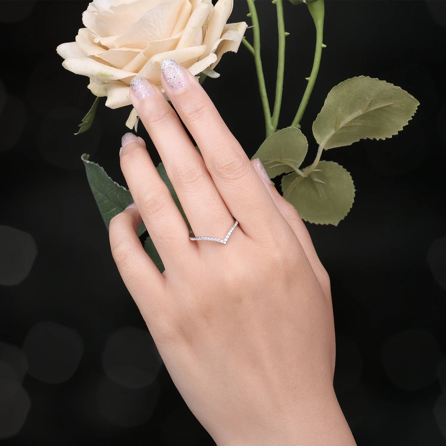 JewelryPalace Moissanite D Color Round Cut 925 Sterling Silver V Shape Stackable Wedding Ring for Woman Yellow Rose Gold Plated