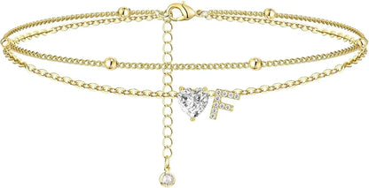 Waterproof cz Ankle Bracelets for Women  14K Gold Plated CZ Initial Dainty Layered Heart Anklets Foot Chain Summer Beach Jewelry