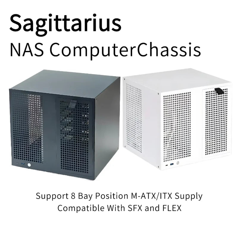 Sagittarius 8-bay NAS Computer Chassis with ATX Power Supply, MATX Motherboard, Full-height PCIE, 21.8L