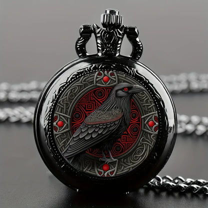 Gothic Design Black Raven Pocket Watch with Necklace Alloy Case & Band,Quartz Movement, Non-Waterproof Watch for Men Women Kids