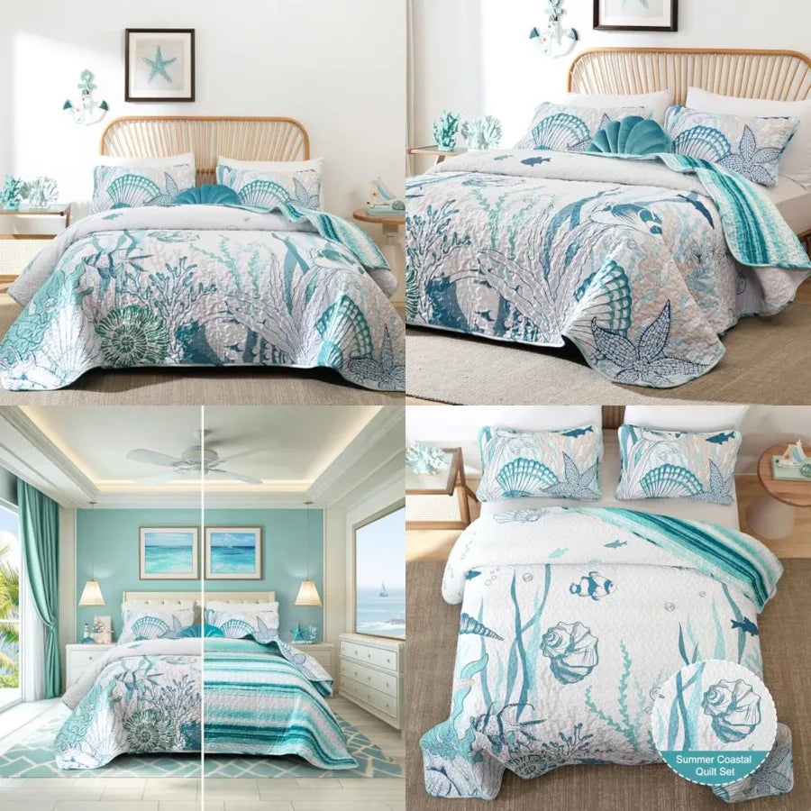 Coastal Quilts Bedding Set Size, Summer Green Fish Coral Nautical Bedding Quilt Set with Pillow Cases, Ocean Beach Reversible B