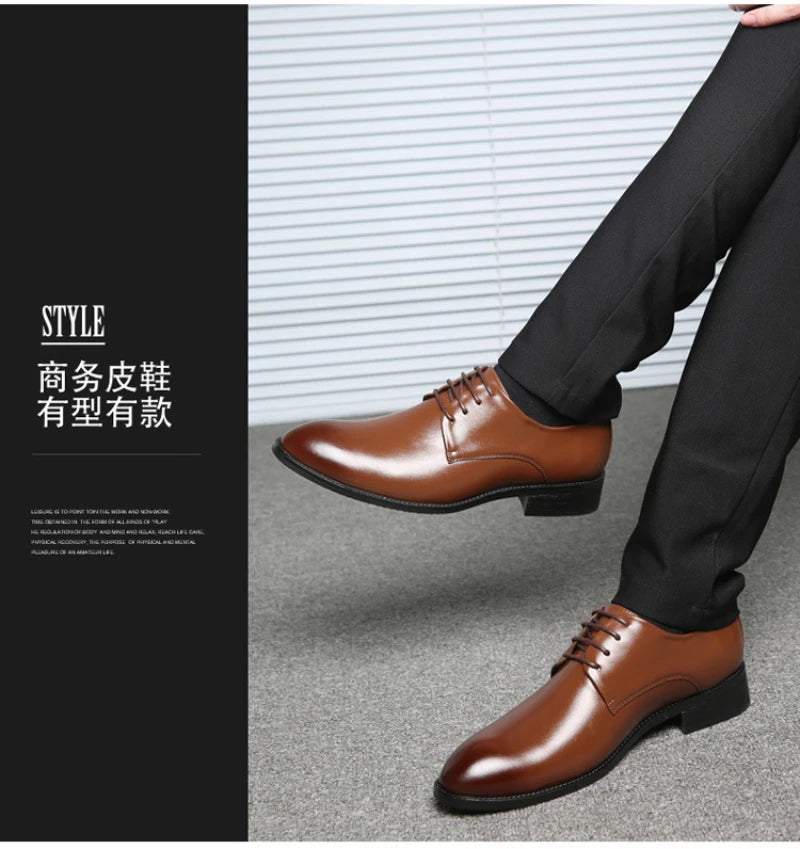 Mens Breathable Leather Dress Shoes Formal Business Footwear Pointed Toe Lace Up Flat Sole Groom Wedding Shoes Simple Leisure
